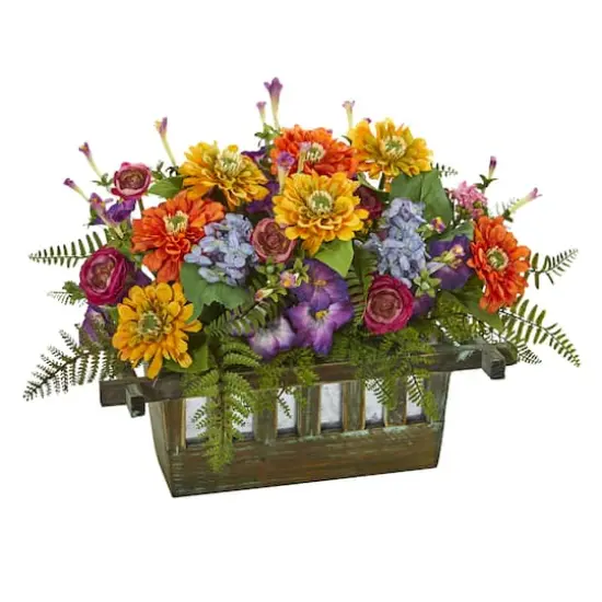 14" Mixed Floral Arrangement in Rectangular Wood Planter {1}
