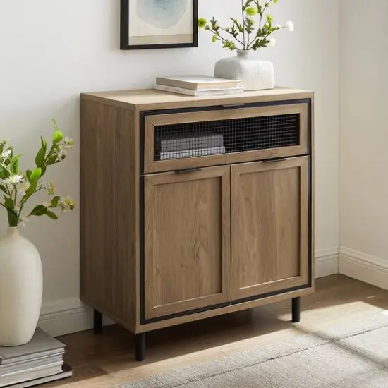 Walker Edison English Oak Mesh Metal Accent Cabinet {5}
