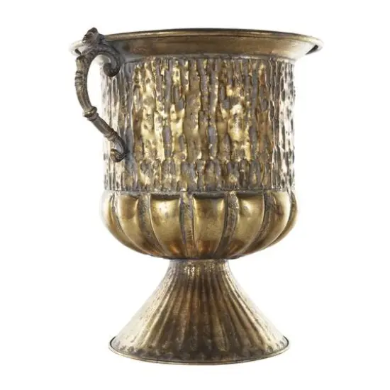 15" Gold Metal Urn Shaped Vase with Hammered Details {4}