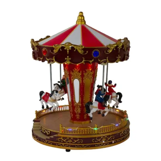 11" Red & White LED Animated Christmas Carousel with Horses {6}