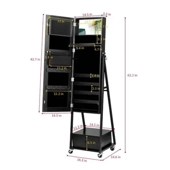 NEX&trade; 5ft. Black Jewelry Armoire on Casters with Chest Drawer {3}