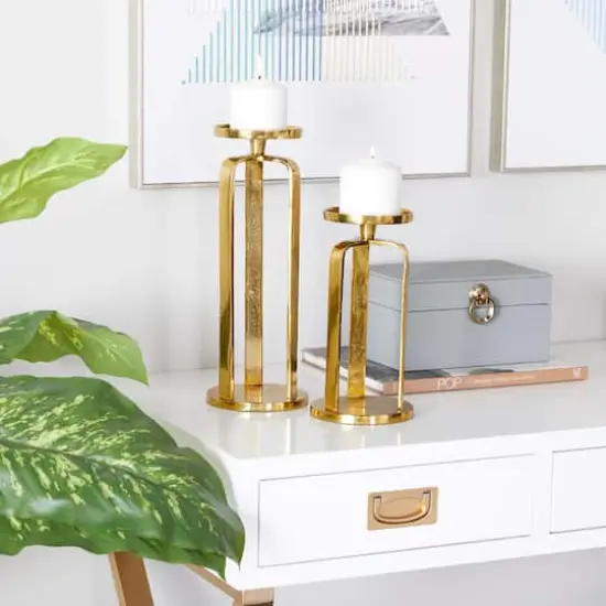Set of 2 Gold Aluminum Modern Candle Holder, 14" x 5" x 5" {8}