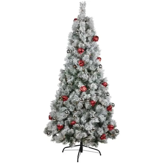 6ft. Pre-Lit Snowy Bristle Pine with Ornaments Artificial Christmas Tree, Clear Lights {1}