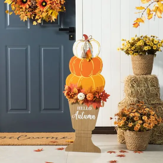 Glitzhome&reg; 36" Fall Wood Stacked Pumpkin Urn Porch D&eacute;cor {3}