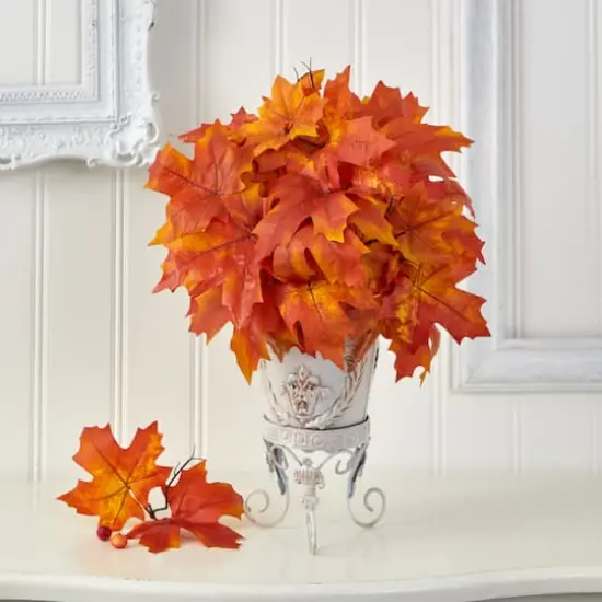 20" Orange Autumn Maple Leaf Plant in Metal Planter {4}