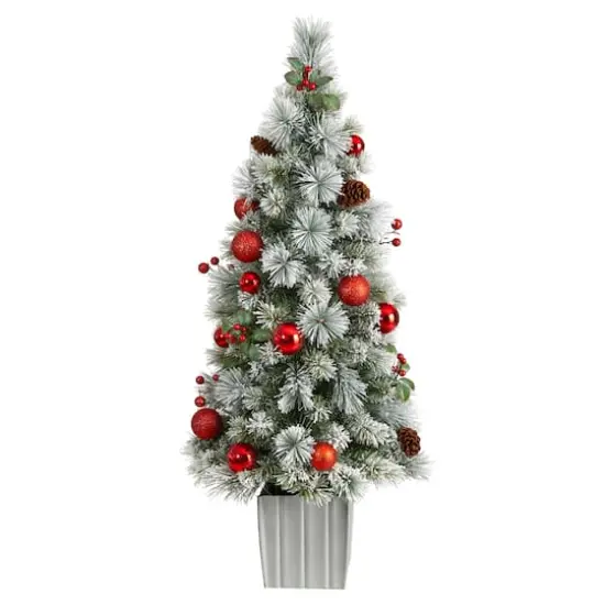 4ft. Pre-Lit Winter Flocked Artificial Christmas Tree in Decorative Planter, White LED Lights {4}