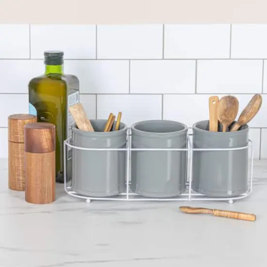 Hello Honey&reg; 11.5" Gray Farmhouse Ceramic Crocks in White Metal Holder {3}