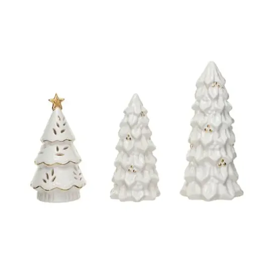 Hello Honey&reg; Cream LED Stoneware Christmas Trees with Gold Electroplating Set {1}
