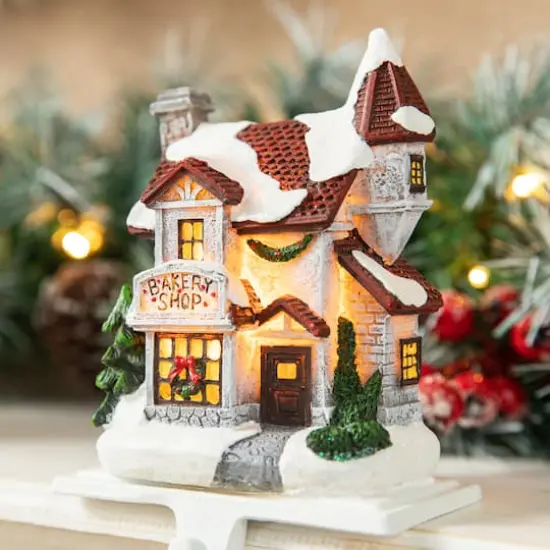 Glitzhome&reg; 6" Lighted House Stocking Holder Set {7}
