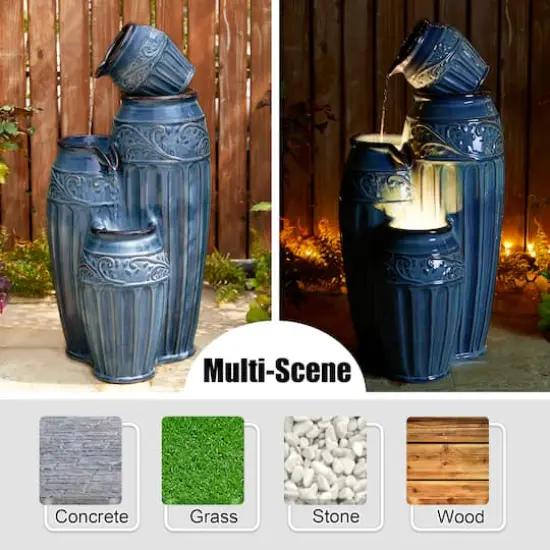 Glitzhome&reg; 35.5" 4-Tier LED Turquoise Embossed Ceramic Pots Outdoor Floor Fountain {5}