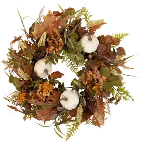 26" White Pumpkins & Leaves Fall Harvest Wreath {1}