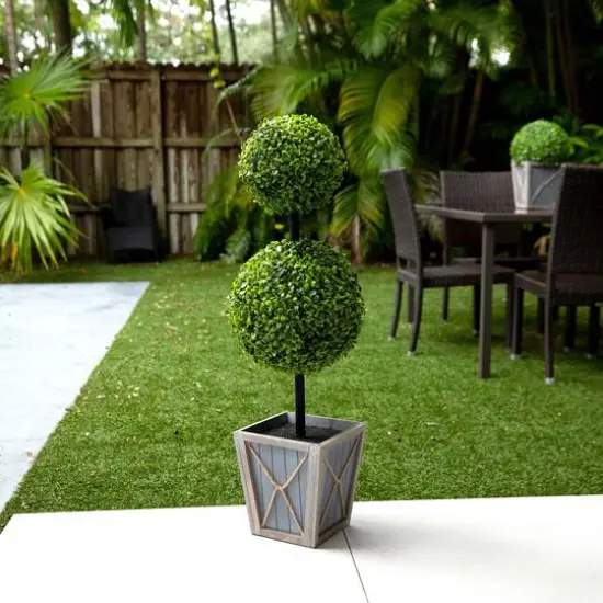 3ft. LED UV Resistant Double Ball Boxwood Topiary in Decorative Planter {8}