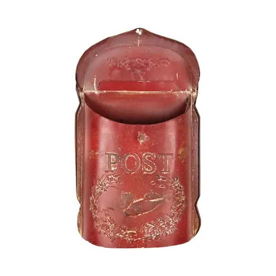 Hello Honey&reg; 15.5" Red Embossed Tin Post Letter Box with Distressed Finish Wall D&eacute;cor {4}