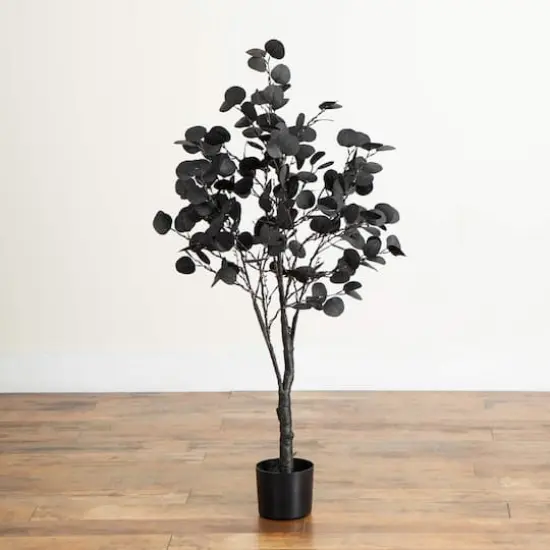 4ft. Pre-Lit Artificial Halloween Black Eucalyptus Tree with 160 Orange & Purple LED Lights {8}