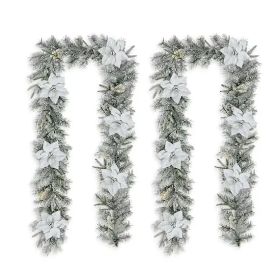 Glitzhome&reg; 9ft. Pre-Lit Snow-Flocked Greenery Pine & Poinsettia Christmas Garlands, 2ct. {6}