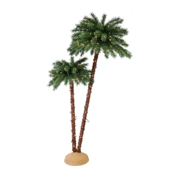 3.5ft. & 6ft. Double Trunk Pre-Lit Artificial Palm Tree, Clear Lights {1}