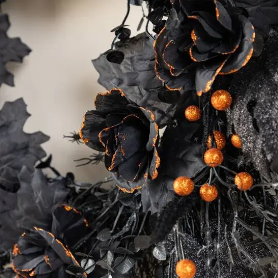 Glitzhome&reg; 24"D Halloween Black Rose, Skeleton and Berry Wreath with Hanger {6}