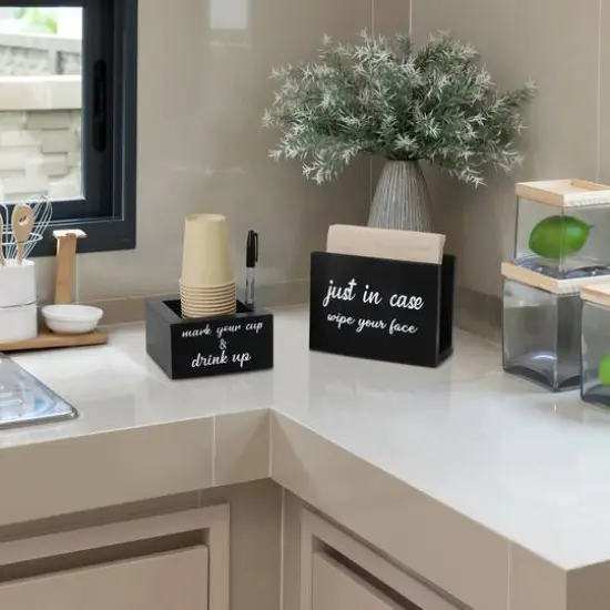 Elegant Designs&trade; Napkin Holder and Cup Holder Set with Black with White Script {6}