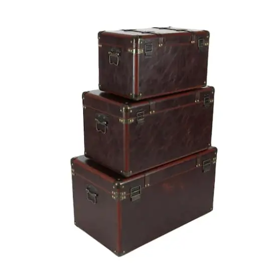 Set of 3" Brown Leather Traditional Trunk, 19", 24", 27" {9}