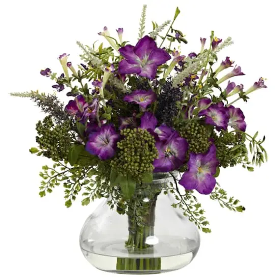 15" Purple & Green Mixed Morning Glory Flowers with Glass Vase {1}