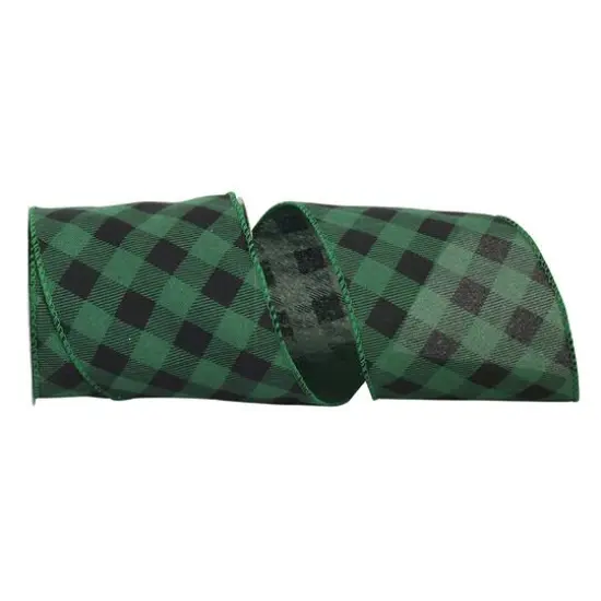 Reliant 4" x 10yd. Green & Black Diagonal Buffalo Check Wired Ribbon {1}