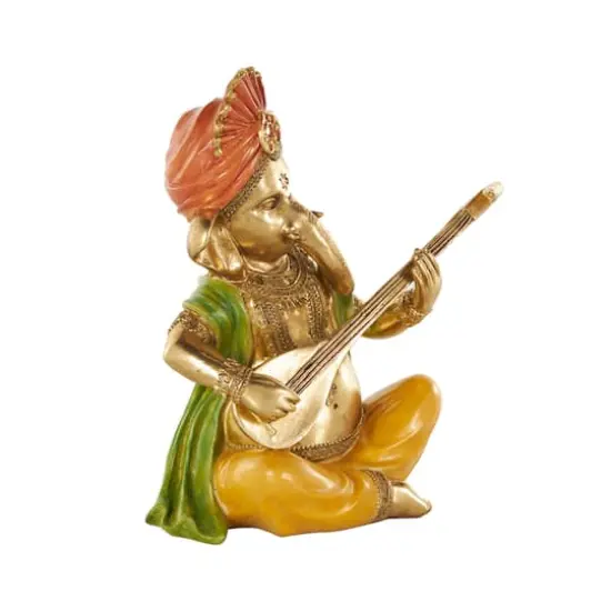 10.75" Gold Ganesh Musician Decorative Sculpture with Green, Yellow, and Red Accents {3}