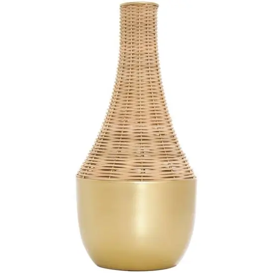 15" Brown & Gold Rattan Handmade Woven Vase {3}