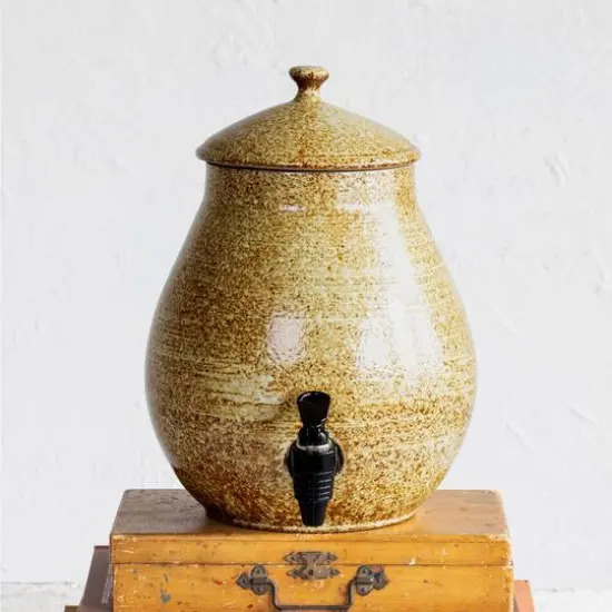 Hello Honey&reg; 5qt. Brown Round Stoneware Beverage Dispenser with Lid {3}