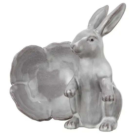 Hello Honey&reg; 8" White Stoneware Rabbit Figurine with Flower Shaped Bowl {3}