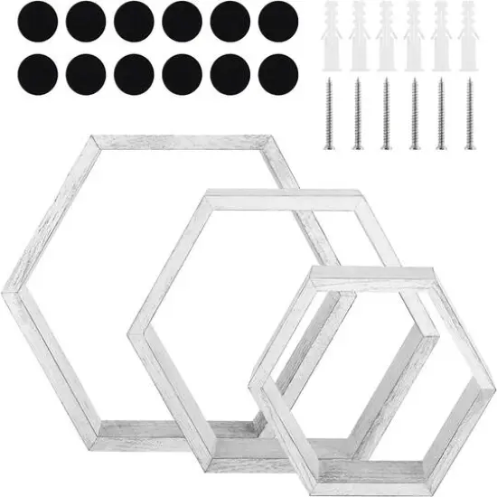 Rustic Gray Floating Hexagonal Shelf Set {5}