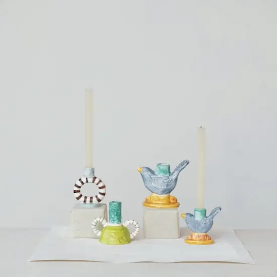 Hello Honey&reg; 5" Tall Multicolor Stoneware Taper Candle Holder with Dual Handles {4}