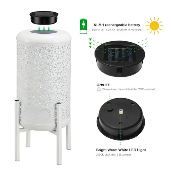 Glitzhome&reg; 14.25" White Metal Cutout Flower Pattern Solar Powered LED Outdoor Lanterns, 2ct. {8}