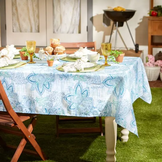 Blue Watercolor Paisley Print Outdoor Tablecloth 60" x 120" {4}