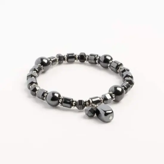 John Bead Hematite Gray Natural Stone Bracelet with Rectangle Charm {4}