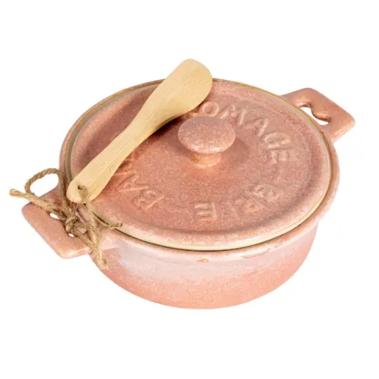 Hello Honey&reg; Pink Stoneware Brie Bakers with Bamboo Spreader, 2ct. {1}