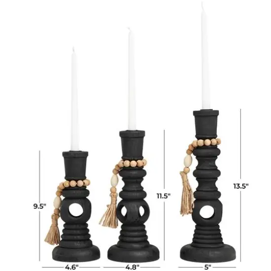 Black Wood Handmade Textured Matte Candle Holder with Beaded Garland Set {8}