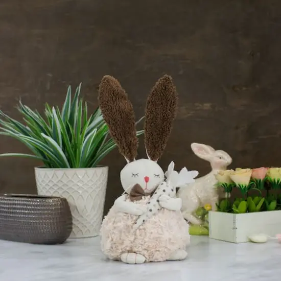 14" Beige & Brown Plush Easter Bunny Holding a Carrot Figure {3}