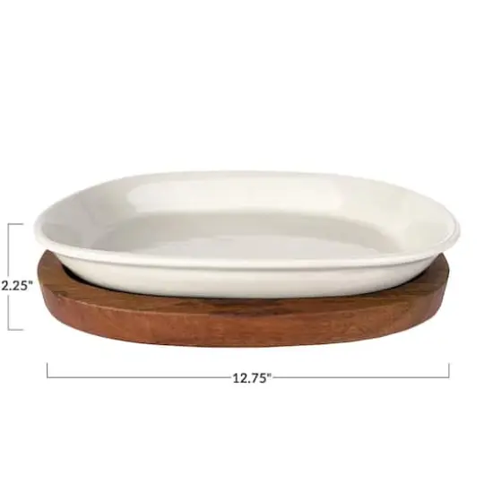 Hello Honey&reg; 13" Cream Stoneware Serving Dish with Natural Mango Wood Base {5}
