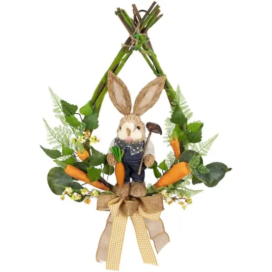 22" Green & Orange Farmer Bunny Moss Vines Teardrop Easter Wreath {1}