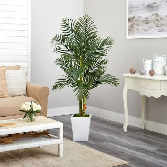 5.5ft. Golden Cane Artificial Palm Tree in White Metal Planter {5}