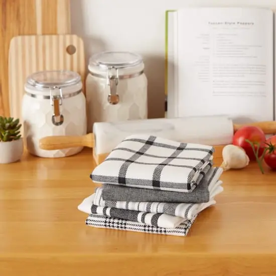 DII&reg; Assorted Black Woven Dishtowels Set {4}