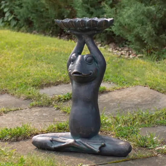 22.25" Gray Yoga Frog With Bird Feeder Outdoor Garden Statue {3}