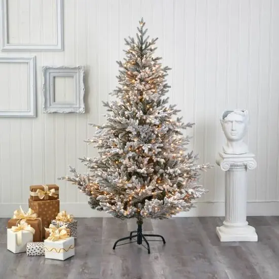 6ft. Pre-Lit Flocked Fraser Fir Artificial Christmas Tree with Warm White LED Lights {6}