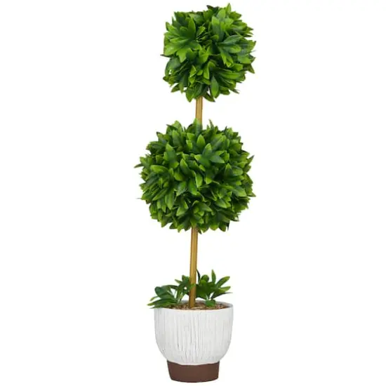 2ft. Green Boxwood Ball Topiary Faux Foliage with White Cement Pot {3}