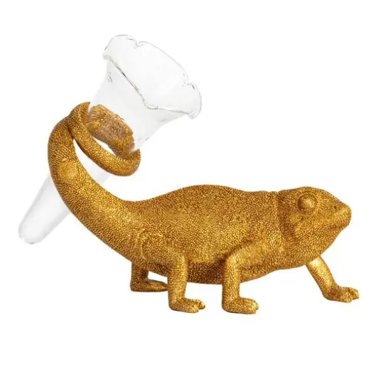 Hello Honey&reg; 7.5" Long Gold Chameleon with Glass Vase {6}