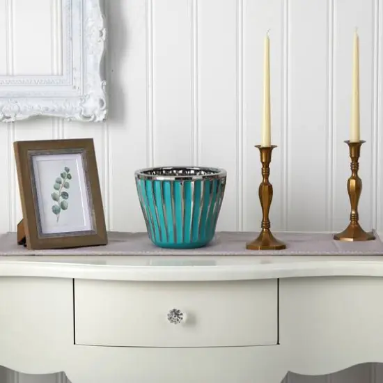 6" Turquoise Vase with Silver Trimming {3}