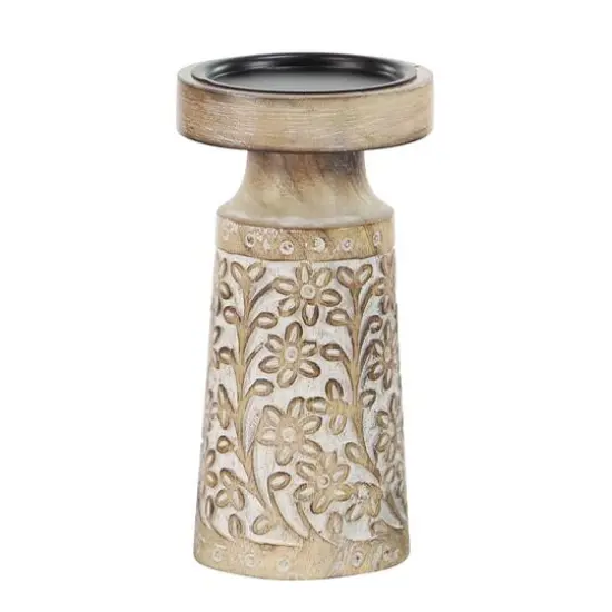 Brown & White Mango Wood Floral Candle Holder Set {3}