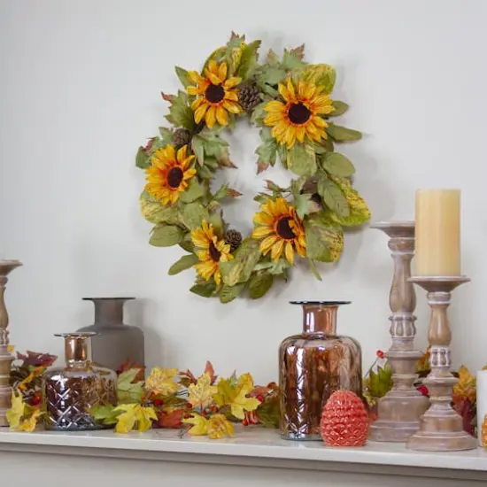 24" Yellow Sunflower & Pinecone Fall Harvest Wreath {3}