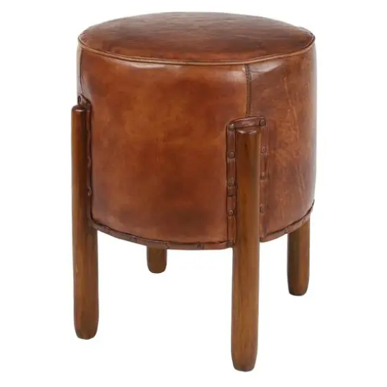20" Brown Leather & Teak Traditional Stool {1}