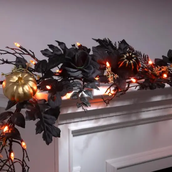 6ft. Chic Eek Black & Gold Halloween Pumpkin & Flower Pre-Lit LED Garland {3}